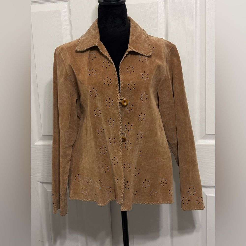Vintage Coldwater Creek Suede Leather Jacket Laser Cut Floral Boho Women’s M